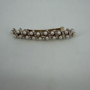 Vintage 80s 90s Faux Pearl & Rhinestone Hair Barrette Clip Gold Tone Feminine